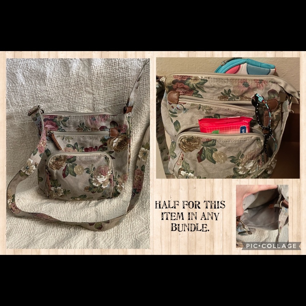 Floral canvas crossbody purse. Great for travel. Multiple pockets. Light.Compact